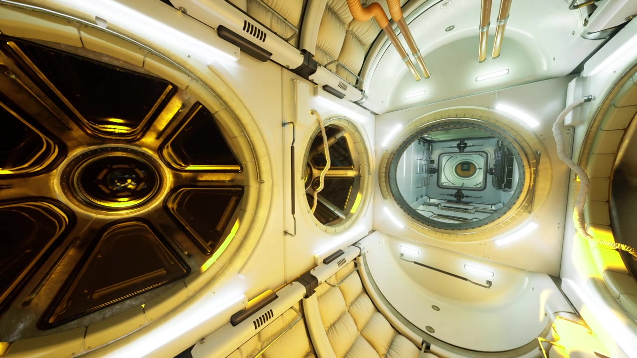 Orbital habitat maintenance module futuristic spaceship interior