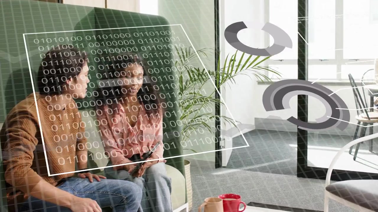Colleagues on sofa, woman using smartphone starting business analytics overlays growing into charts