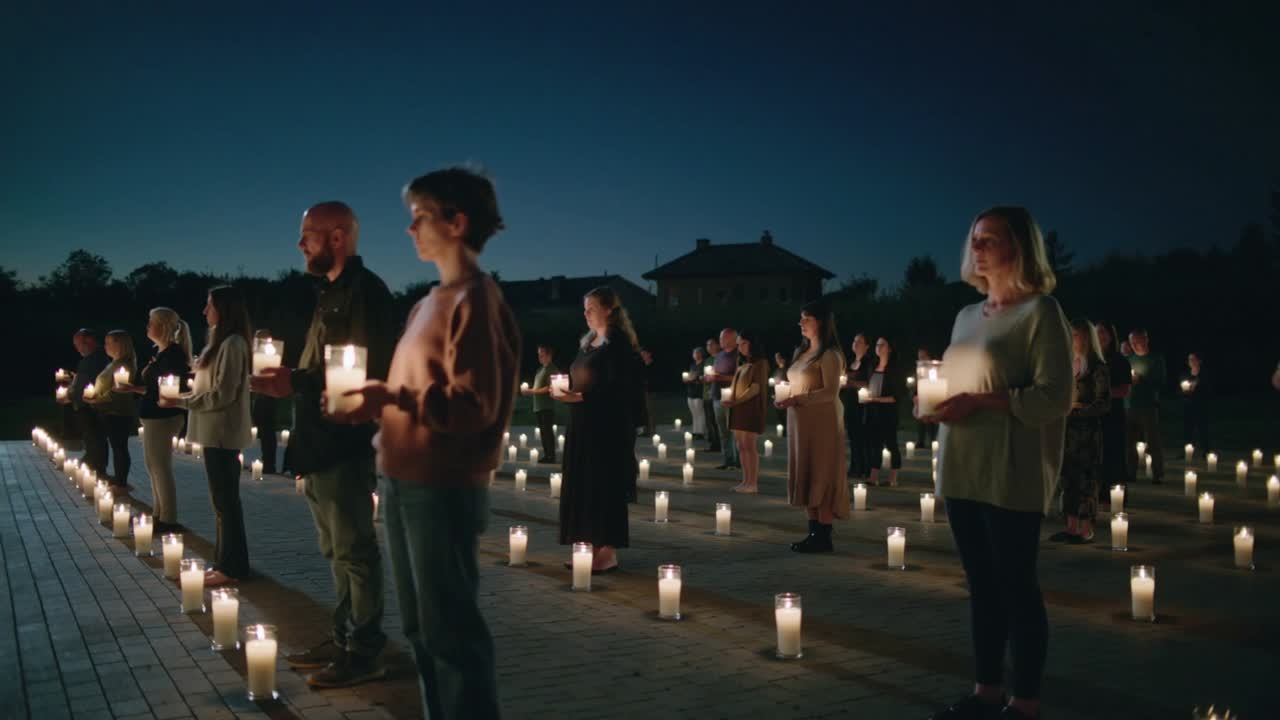 Camera panning across participants holding pillar candles in courtyard, with glowing memorial grid