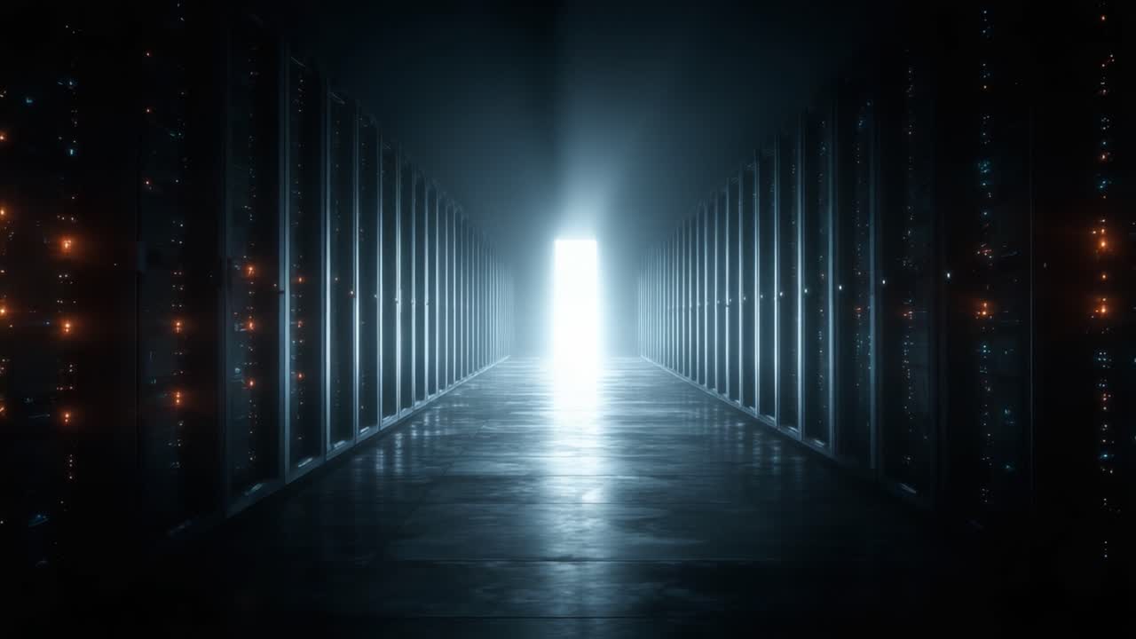 A Mysterious Pathway Illuminated by a Bright Light at the End, Surrounded by Dark Server Racks in a High-Tech Environment