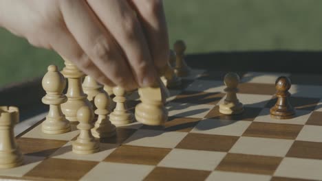 chess: white knight moves to f3, chessboard placed in the sun in the late afternoon, detail of the last move of the game