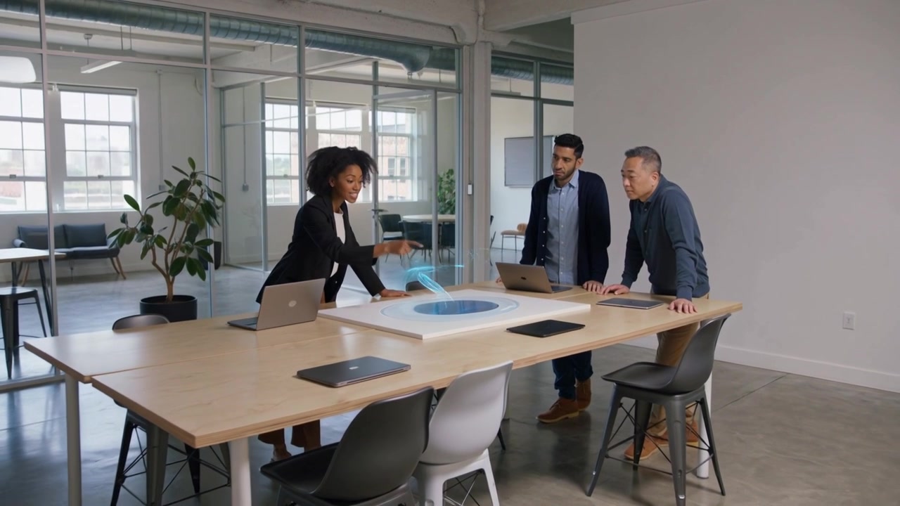 Starting hologram, woman leading office team in blazer rotating 3D model at round hub for review