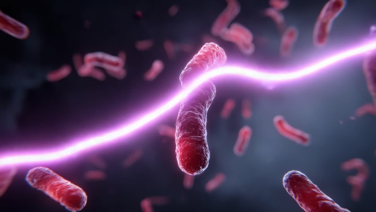 Visualizzazione Dinamica di Batteri con Energia Elettrica in un Ambiente Microbico ad Alta Velocità, Evidenziando Processi Biologici Intriganti e Fenomeni Elettrici.