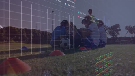 soccer players training on field with financial data processing animation overlay