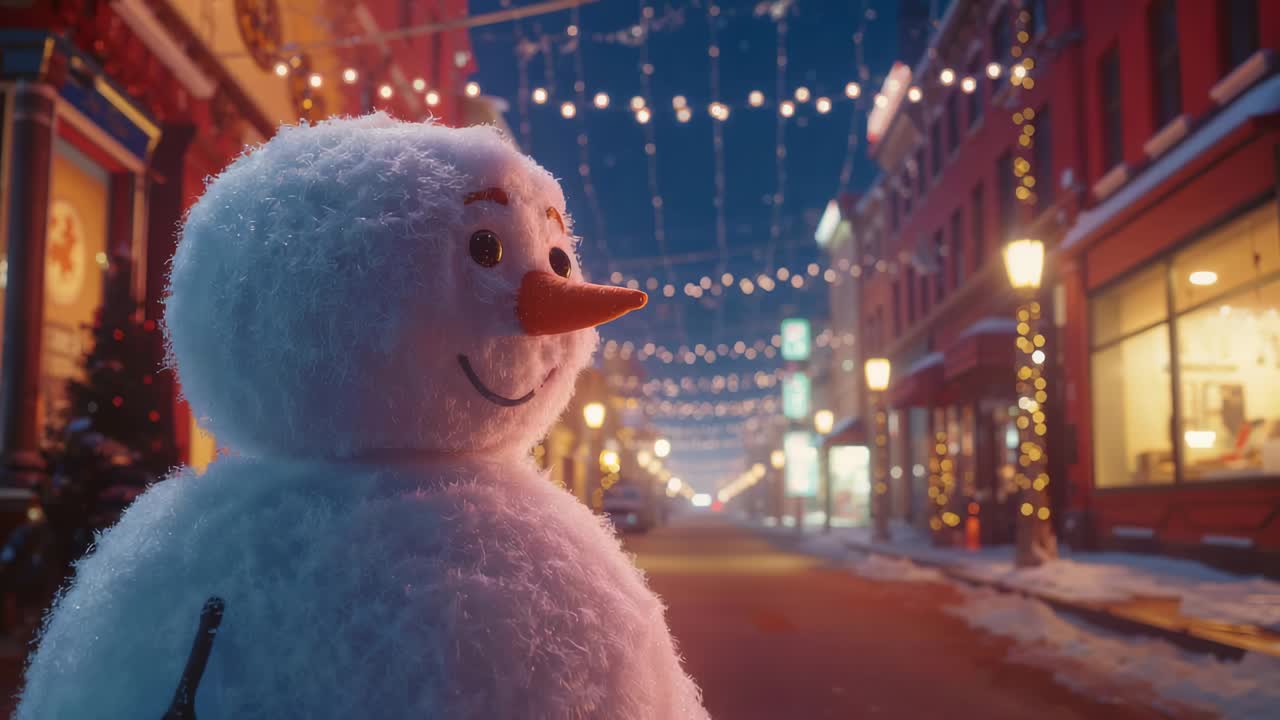 Pulling back camera tilting upward revealing snowman carrot nose on small-town street under lights