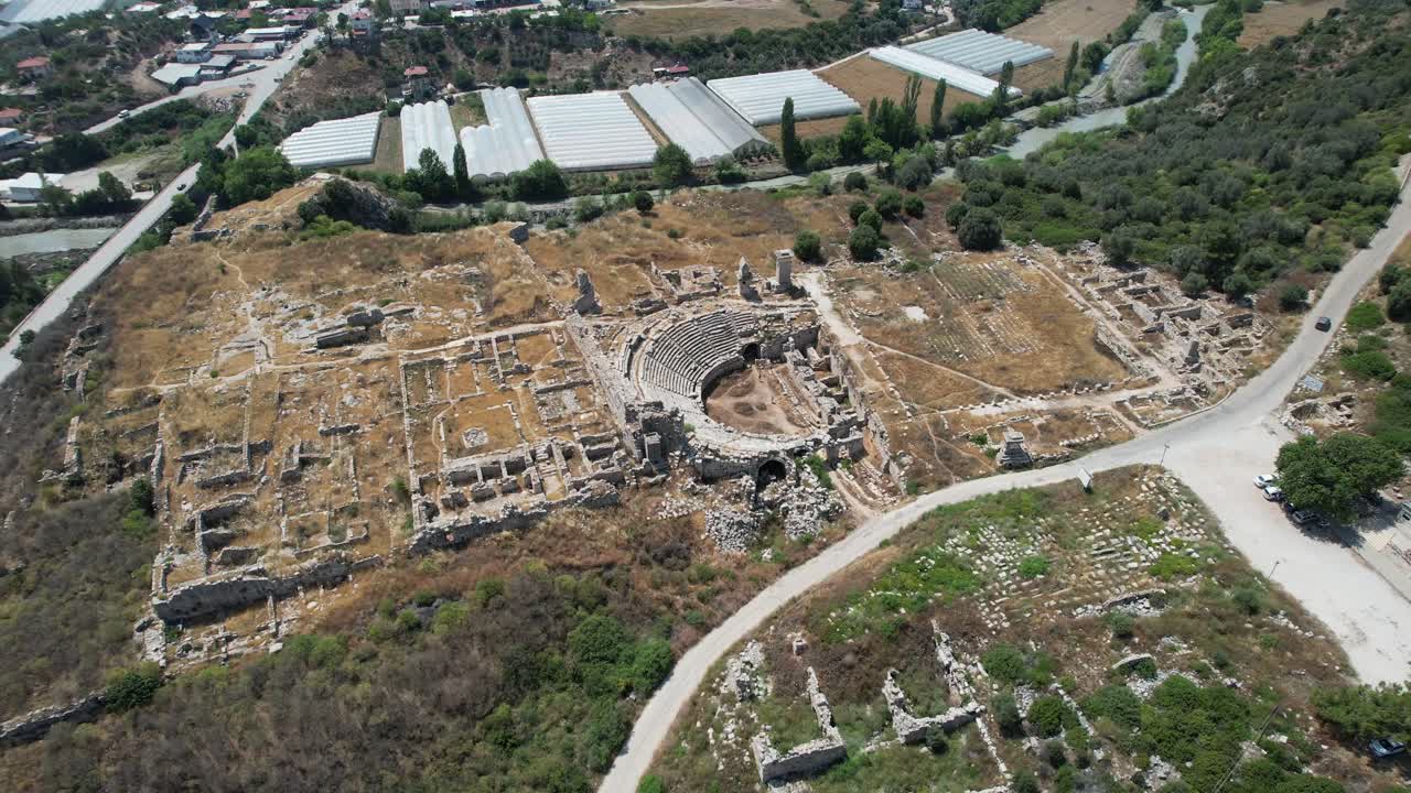 Drone shot of the Ancient City of Xanthos Lycian ruins in T&uuml;rkiye