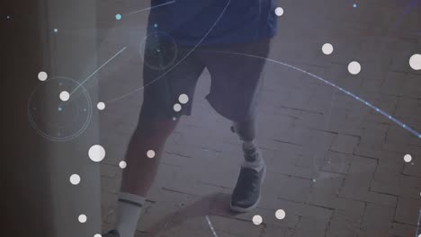 Animation-of-glowing-dots-and-network-over-male-athlete-with-prosthetic-leg-exercising-outdoors