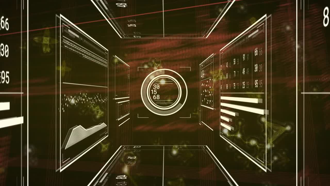 Camera starting moving, HUD updating numbers, corridor dissolving into code visualizing data