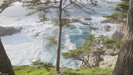 Toma-Estacionaria-De-Olas-Desde-Una-Ladera-Cubierta-De-Hierba-En-Big-Sur-California-Con-Olas-Del-Océano-Pacífico-En-El-Fondo