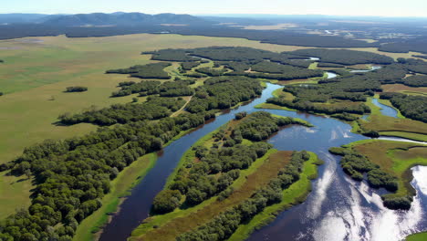 aerial view of a winding river through a lush green landscape