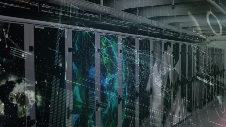 Animation of world map and data processing over server room