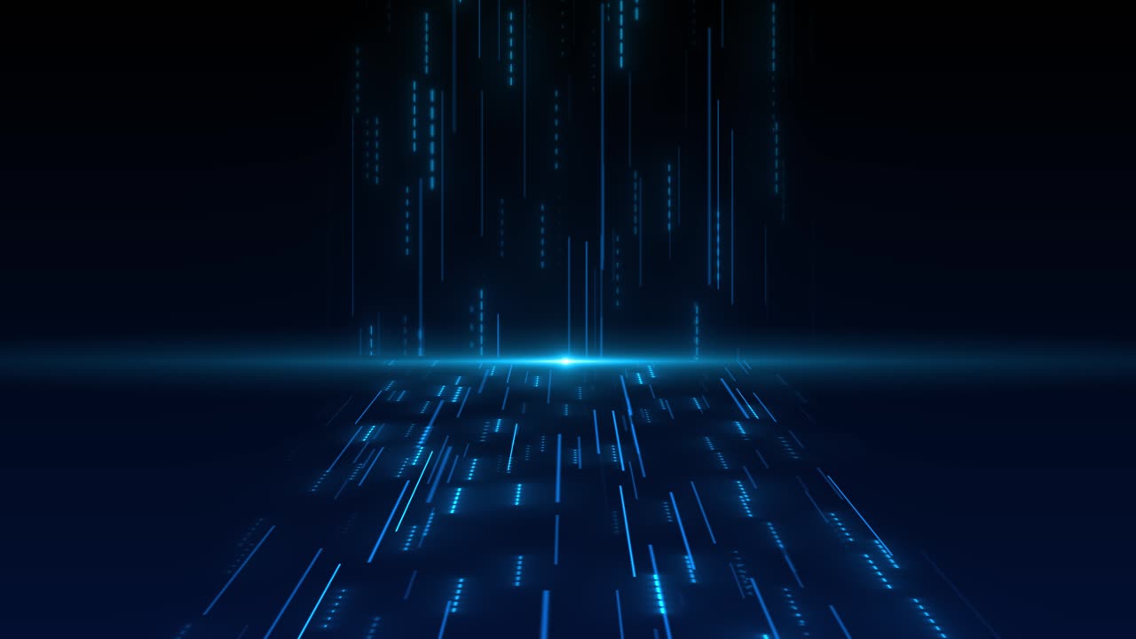 Abstract animation blue data lines flowing bright horizon point digital speed information transfer