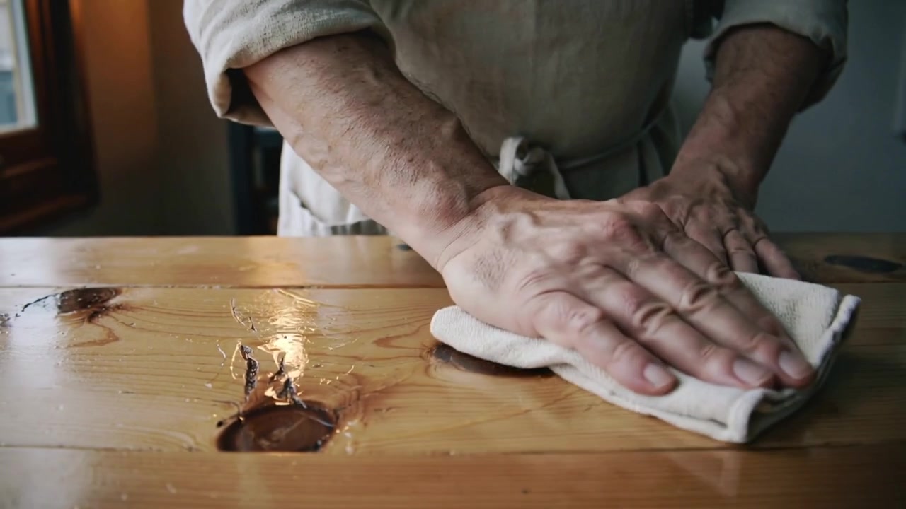 Spotting pooled polish, apron-clad woodworker wiping wood table at window to spread finish with rag