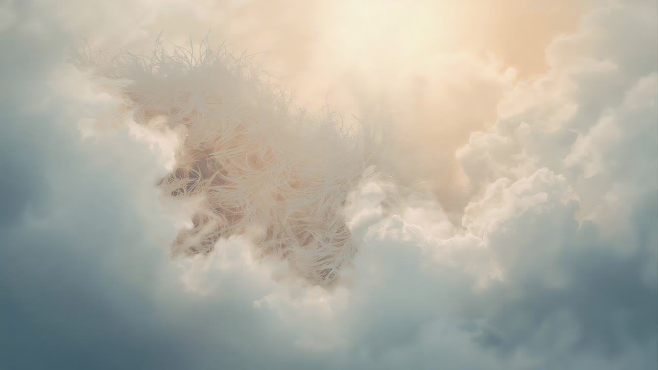 Strengthening sunbeam revealing central cloud opening over tangled straw during morning light, haze