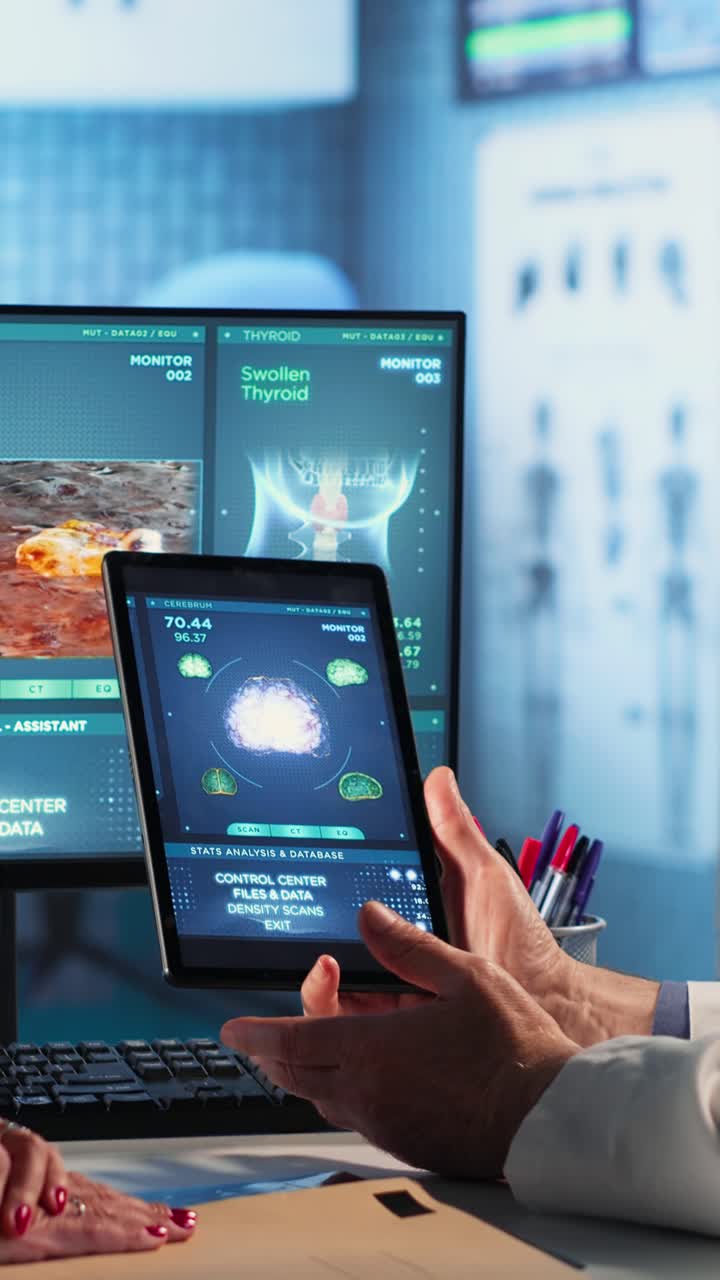 Vertical Video Meeting between doctor and patient to examine MRI scan showing a tumor