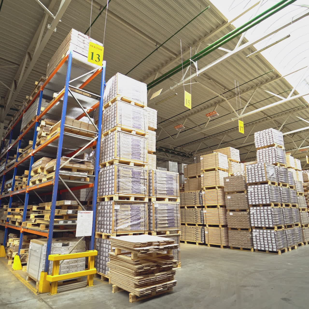 Modern industrial factory. Manufacture of flooring, parquet processing.