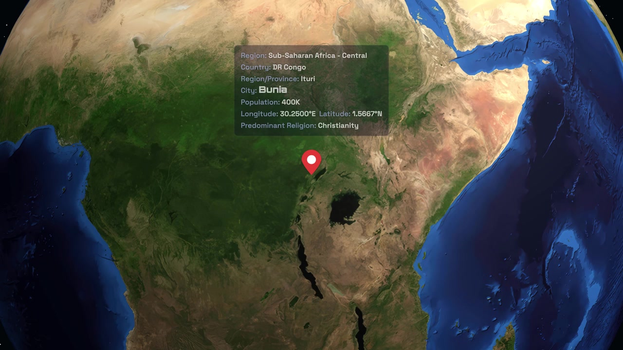 Un'animazione digitale zooma dallo spazio su Bunia, Congo, mostrando dati geografici e demografici.
