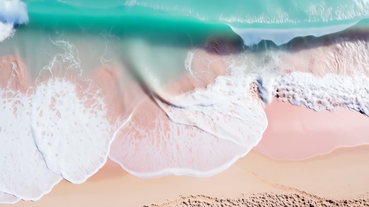 Aerial view of turquoise waves gently crashing on a pink sandy beach, creating a serene and vibrant