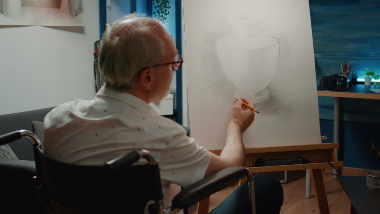 Senior man with disability drawing sketch of vase inspiration
