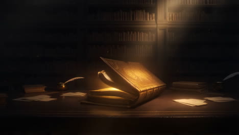 mysterious glowing book on a desk in an old library