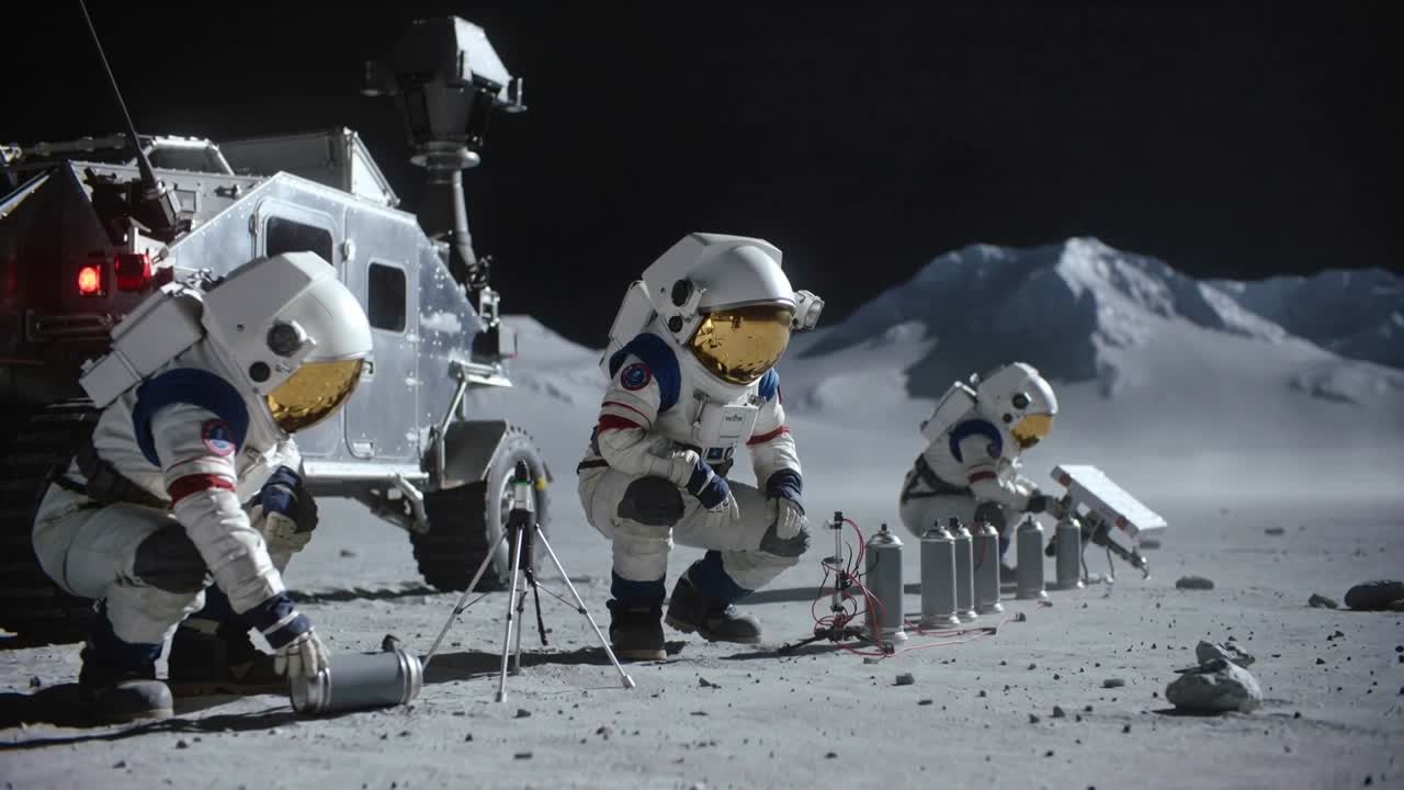 Deploying tripod and arranging canisters, three suited crew working on lunar plain by rover