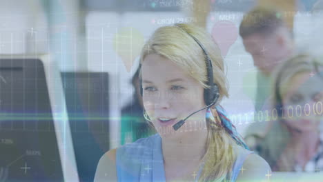 animazione dell'elaborazione dei dati su una donna d'affari caucasica che usa le cuffie del telefono