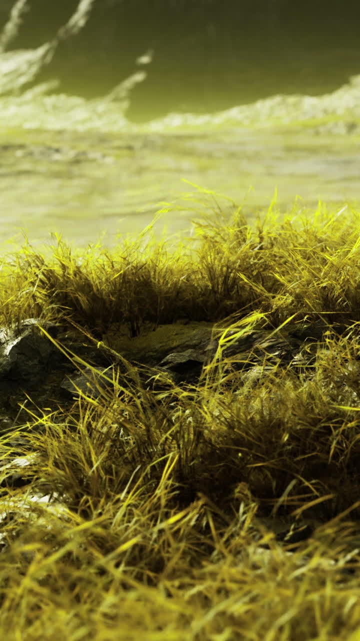Lush alien landscape with vibrant grasses and unusual rocky formations