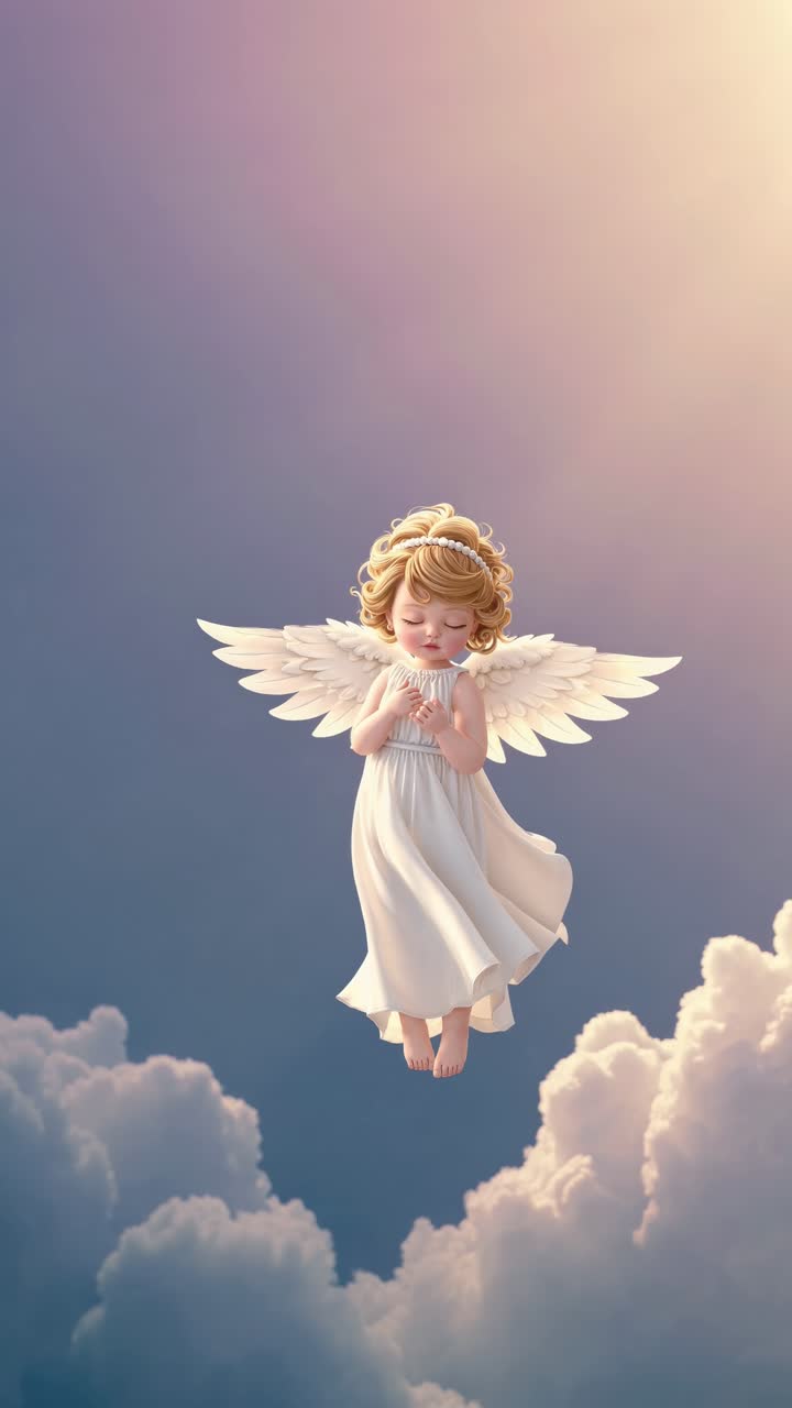 Aerial view of a serene angelic figure floating among clouds, bathed in soft, ethereal light