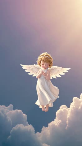 aerial view of a serene angelic figure floating among clouds, bathed in soft, ethereal light
