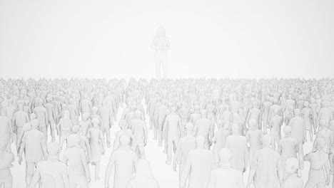 an outlined silhouette of a woman standing and talking in front of a crowd, 3d animation, animated scene with static camera view