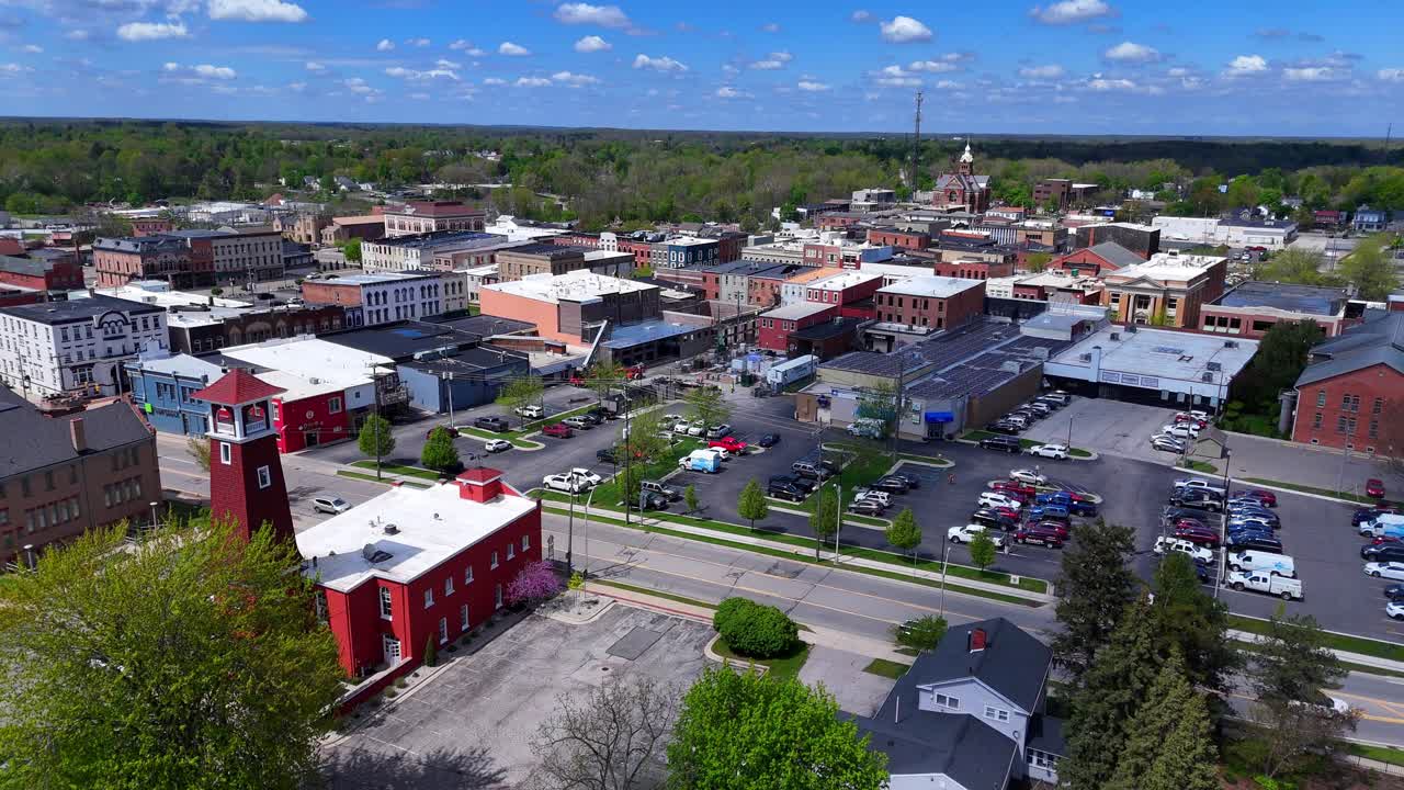 Aerial view of Adrian, Michigan, USA with Adrian Engine House No. 1 in sunny autumn day