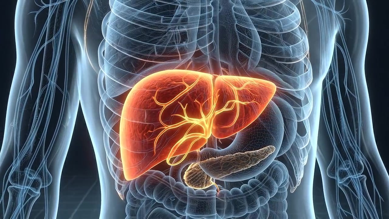 Close up liver anatomy visualization with illuminated hepatic organ in transparent body