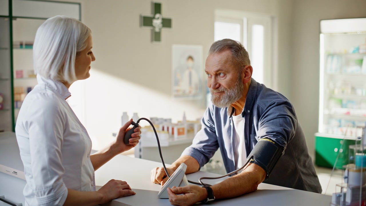 Woman pharmacist measuring blood pressure senior patient in drugstore closeup