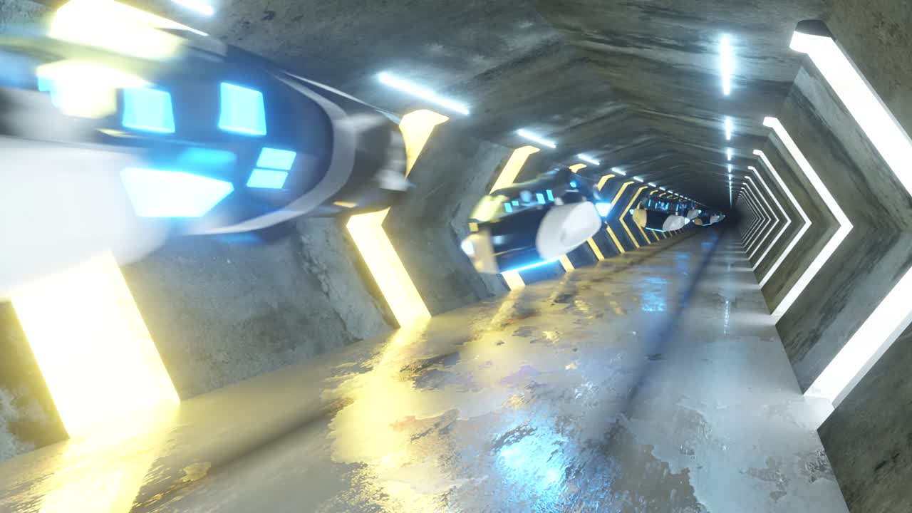 Futuristic Neon Tunnel with Flying Vehicles