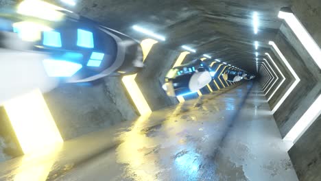 futuristic neon tunnel with flying vehicles