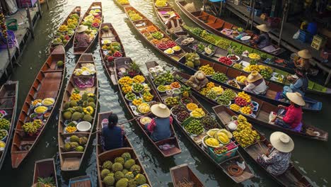 a vibrant marketplace of colors: floating vendors selling fresh fruits on traditional boats in a scenic waterway at a bustling river market