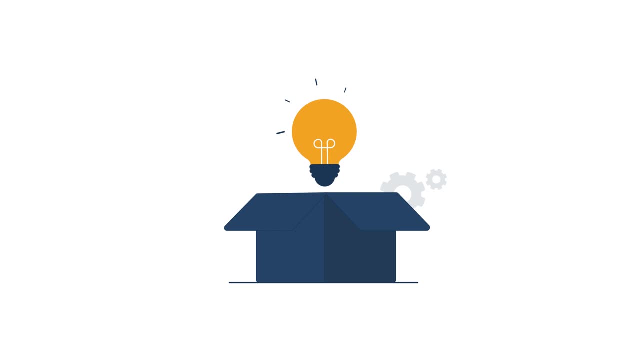 Animated Light Bulb Emerging from Box with Spinning Gears
