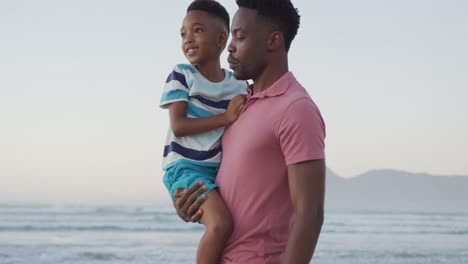 Feliz-Padre-Afroamericano-Llevando-A-Su-Hijo-En-La-Playa-Soleada