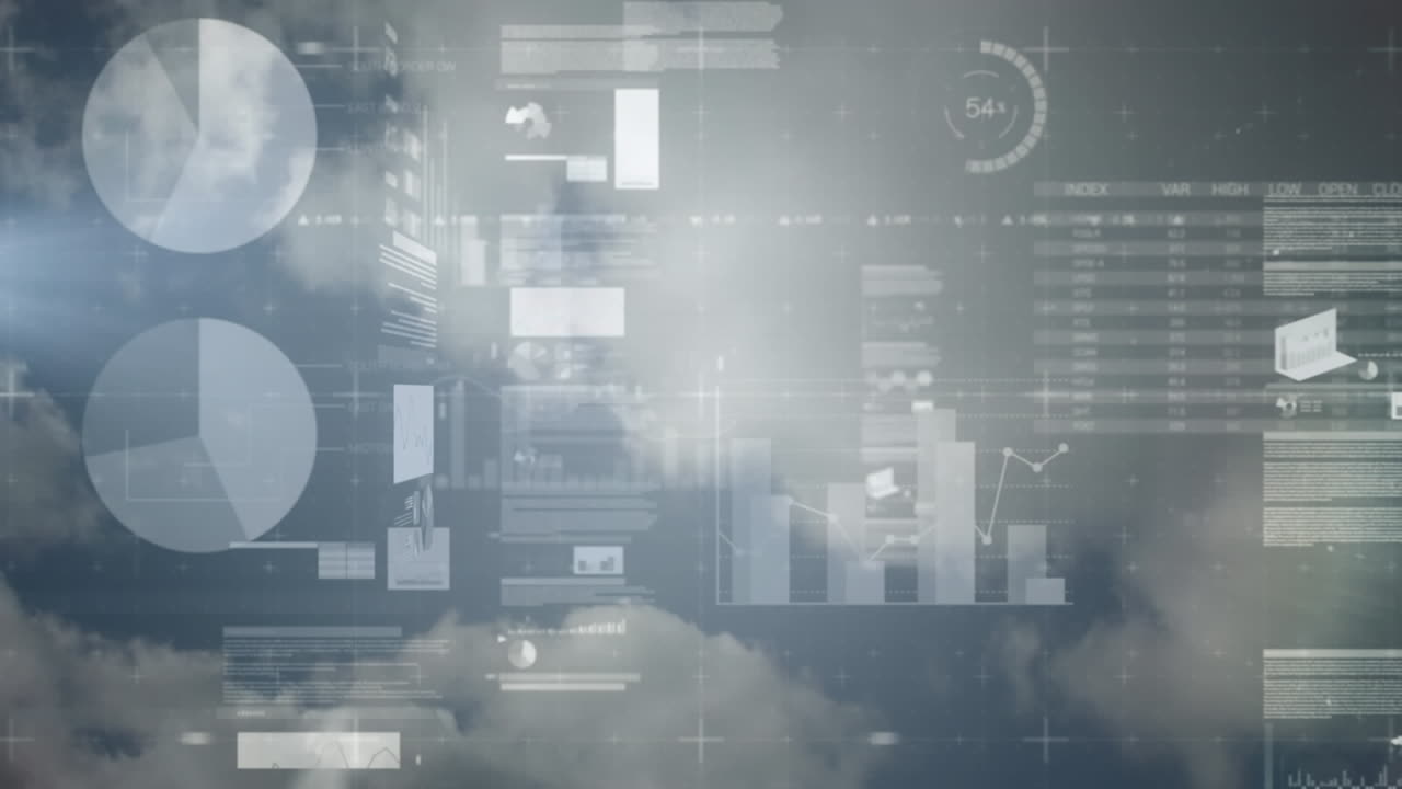 Animation af statistikbehandling over skyer og himmel