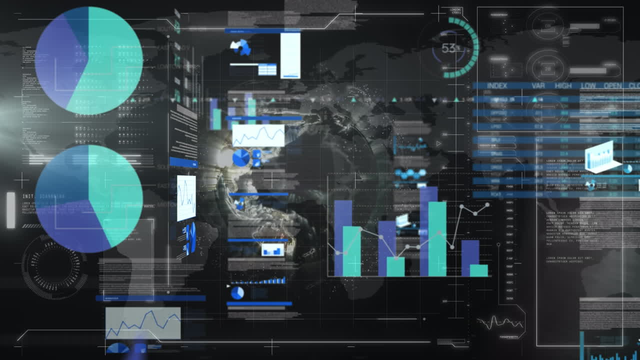 Animation of infographic interface over rotating globe, loading bars and map in background