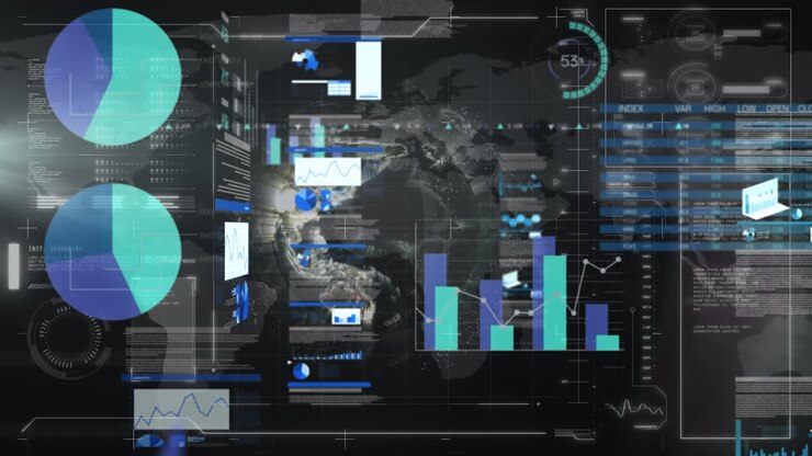 Animation of infographic interface over rotating globe, loading bars and map in background