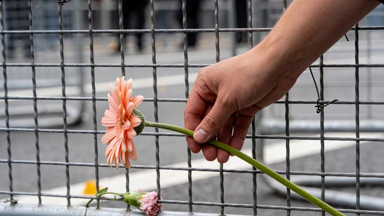 Tangan kanan masuk, mengarahkan bunga gerbera persik melalui kisi kawat logam di pinggir jalan, meninggalkan persembahan