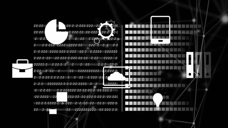 Animation of icons, digital data processing over binary coding