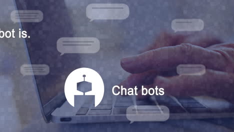 animación de texto ai, chat bot y procesamiento de datos sobre mujer caucásica usando portátil
