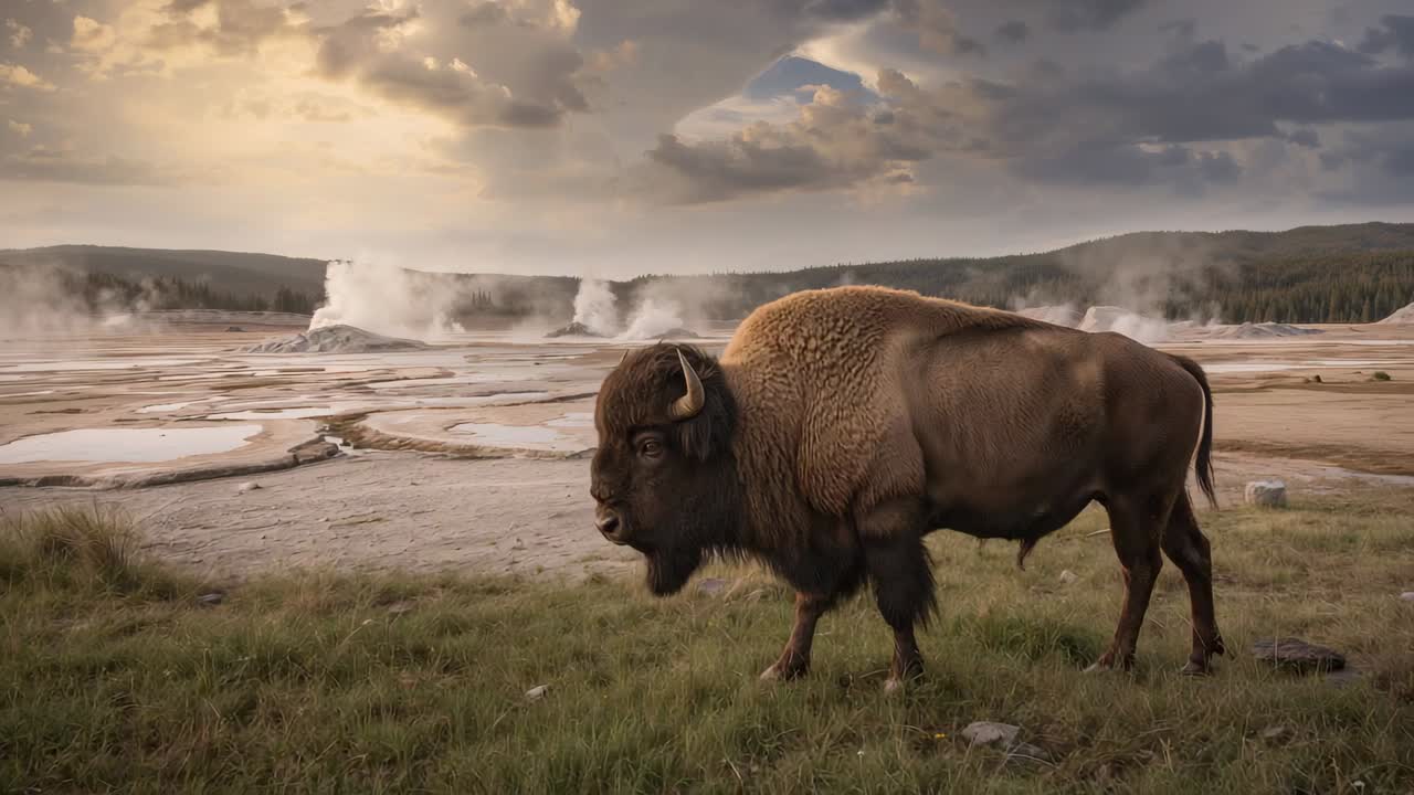 Lifting leg American bison moving left along grassy rim by hot pools passing steam terraces