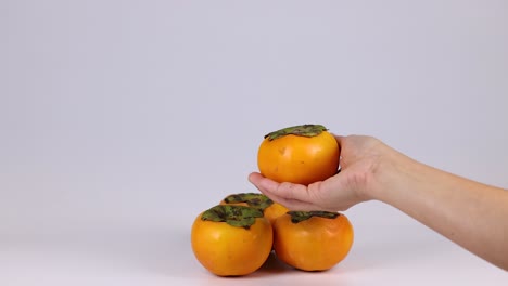 hand arranging and holding persimmons on table