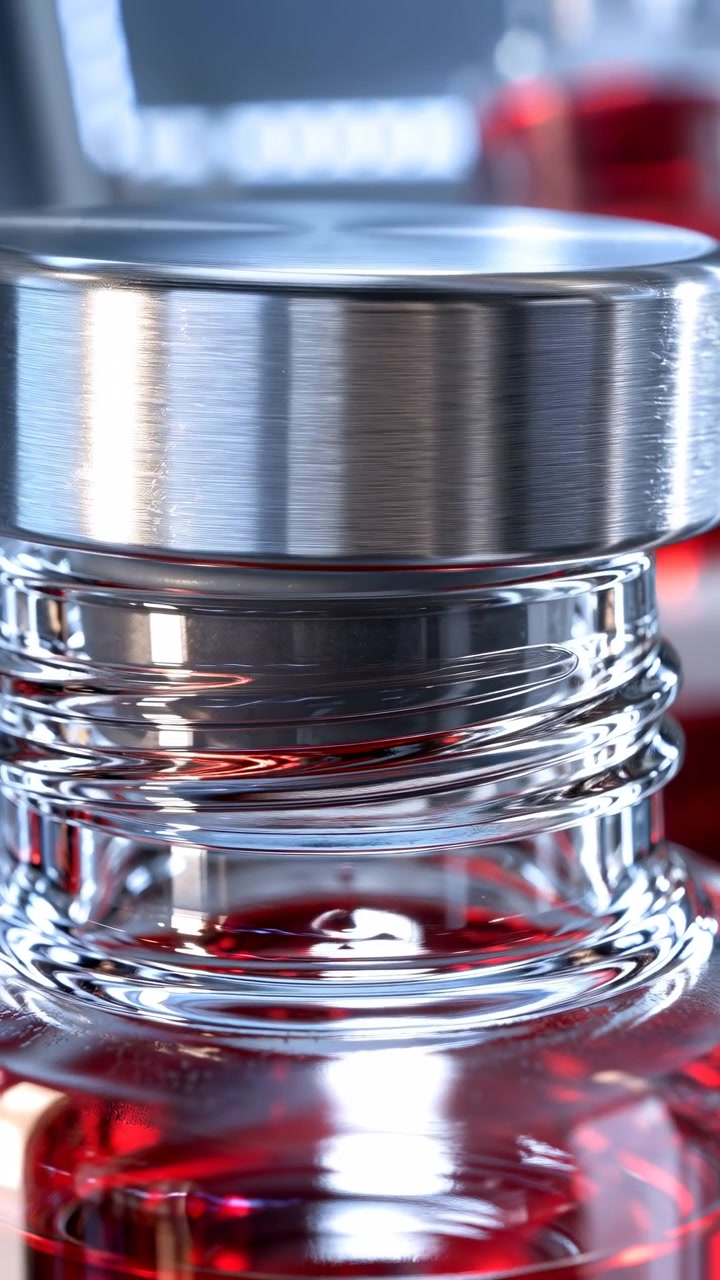 Reflective silver closure moves down over open threaded glass neck, briefly exposing dark inner liner before resting in place as red liquid glows through clear walls and cool highlights.