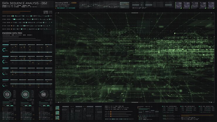 Futuristic holographic data sequence simulation of artificial neural networks intelligence analysis head up display background