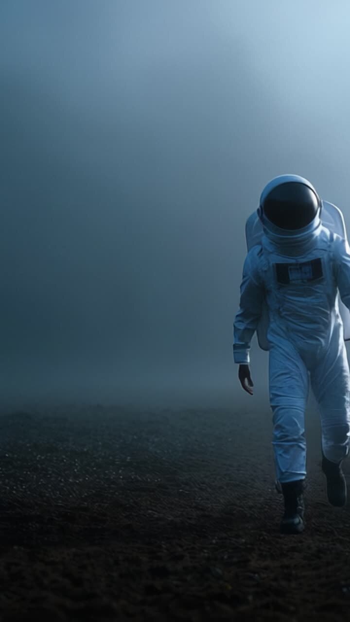 An astronaut navigating through a dense fog, embodying the essence of exploration and the unknown, symbolizing humanity's quest for discovery in a mysterious environment