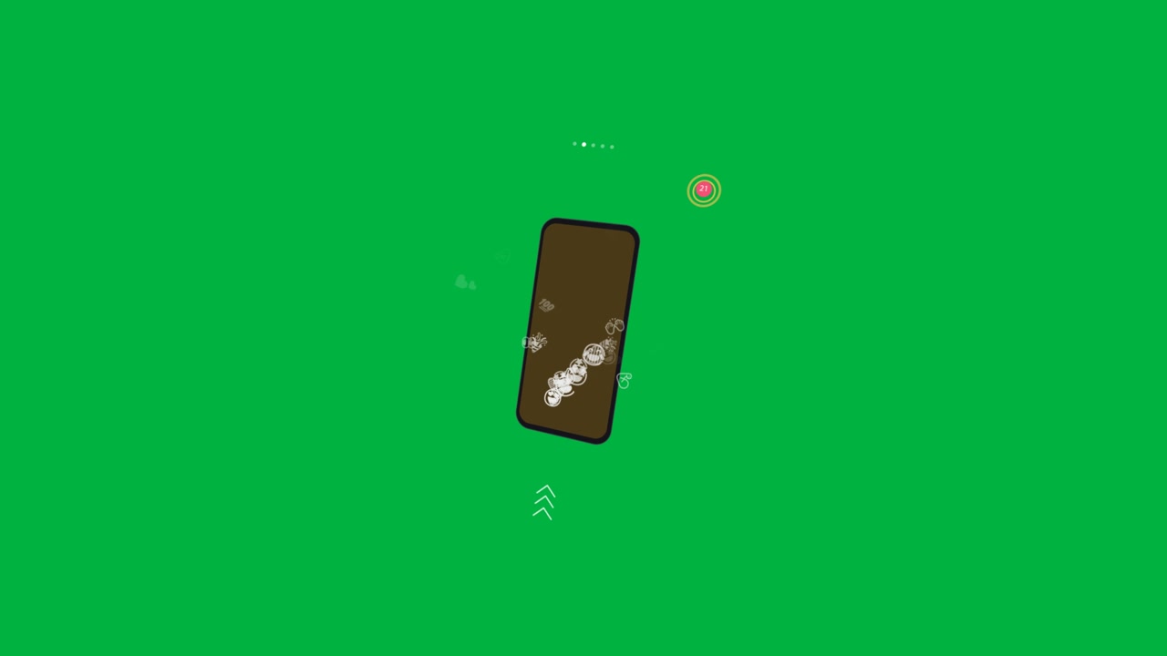 Phone with dots and gold ring starting icons emerging, tilting clockwise showing alerts on clear bg